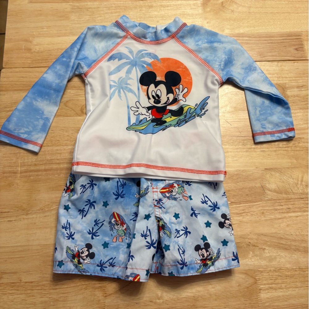 Disney Mickey Mouse Blue and White Kids Two Piece Swim Rash Guard and Shorts
